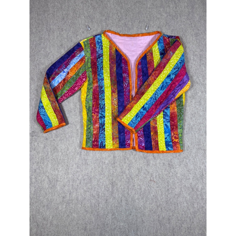 k196. Handmade Batik Quilted Jacket Rainbow Vertical‎ Stripe Open Front Wearable